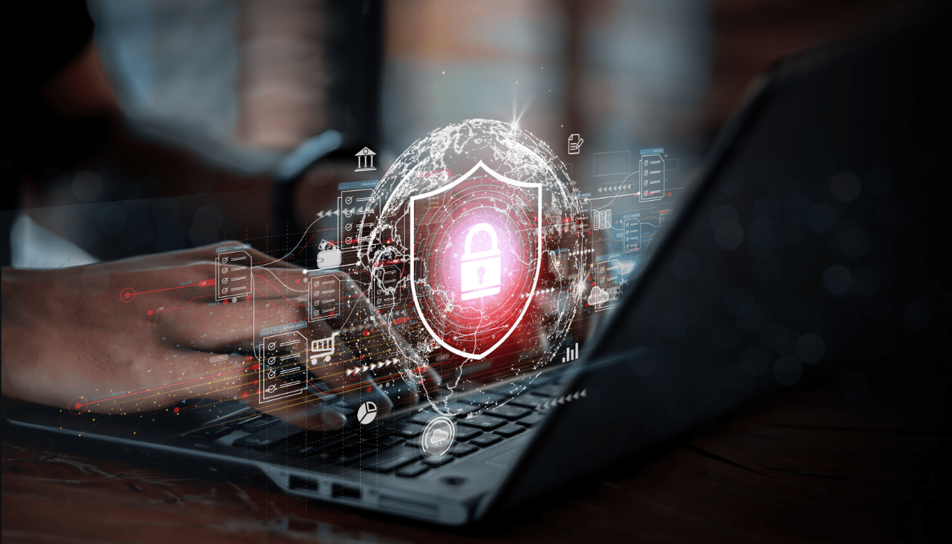 GettyImages-1493136853 Person typing, digital lock shield overlay.