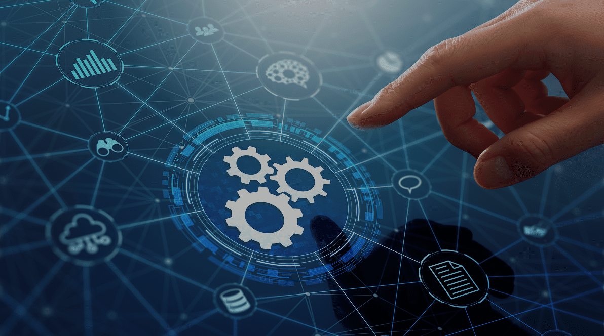 Futuristic interface with gears and hand.
