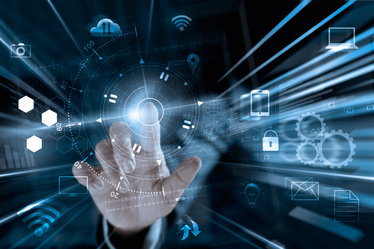 GettyImages-853673106 Futuristic interface with hand touching digital icons.